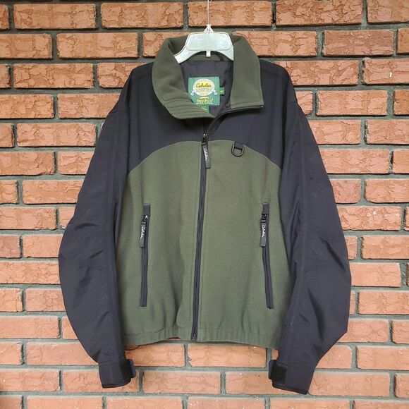 Cabelas Dry Plus Jacket Mens XL Lined Fleece Green Black Nylon Full Zip Pockets - Picture 1 of 15